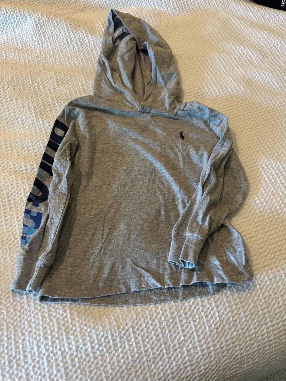 Ralph Lauren Kids Gray Hooded Long-Sleeve tshirt with Navy Sleeve Logo